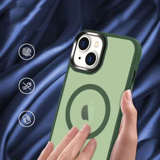 iPhone 15 Plus MagSafe-kompatibilis áttetsző matt tok sötétzöld Alphajack - 7