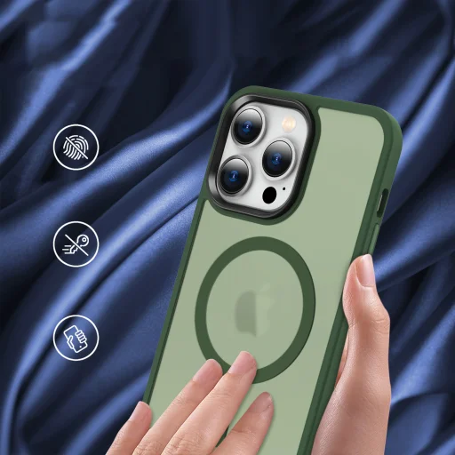 iPhone 14 Pro MagSafe-kompatibilis áttetsző matt tok sötétzöld Alphajack - 7