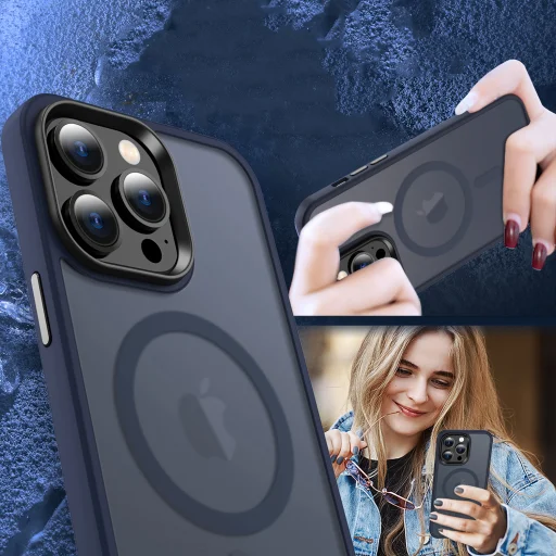 iPhone 13 Pro MagSafe-kompatibilis áttetsző matt tok kék Alphajack - 4