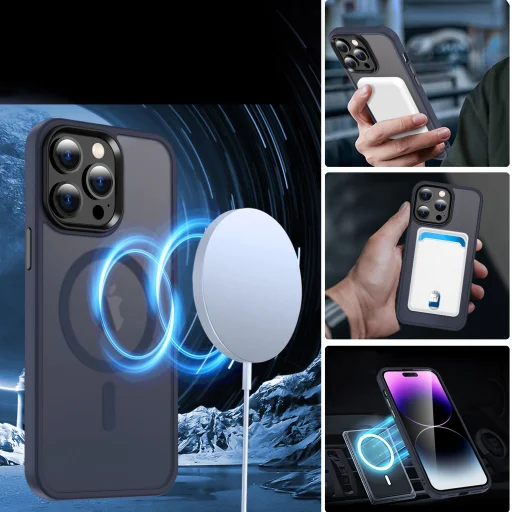 iPhone 13 Pro MagSafe-kompatibilis áttetsző matt tok kék Alphajack - 5