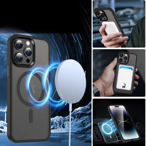 iPhone 14 Pro MagSafe-kompatibilis áttetsző matt tok fekete Alphajack - 4