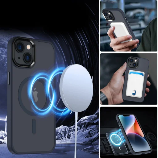 iPhone 15 Plus MagSafe-kompatibilis áttetsző matt tok kék Alphajack - 5