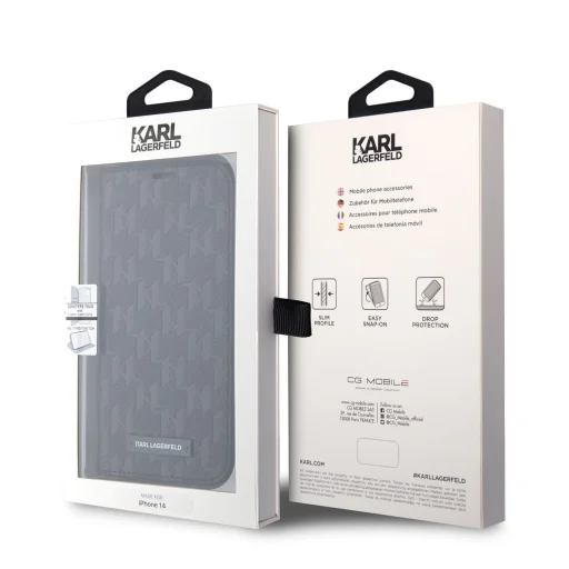 iPhone 14 Pro Karl Lagerfeld KLBKP14LSAKLHPK PU Saffiano Monogram fliptok fekete - 5