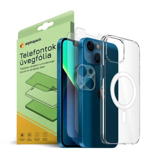 iPhone 13 Mini Magsafe tok + üvegfólia 2db + kamera lencse védő 9H 2.5D HD 0.33mm Alphajack - 1
