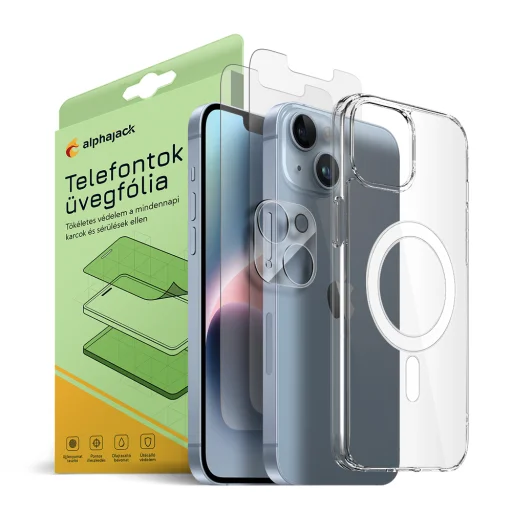 iPhone 14 Magsafe tok + üvegfólia 2db + kamera lencse védő 9H 2.5D HD 0.33mm Alphajack - 1