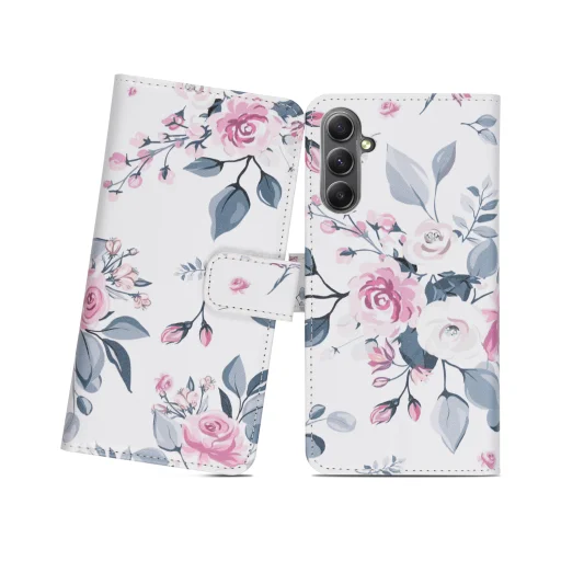 Samsung Galaxy A34 5G mágneses PU bőr fliptok kártyatartóval fehér, virágmintás Alphajack - 1