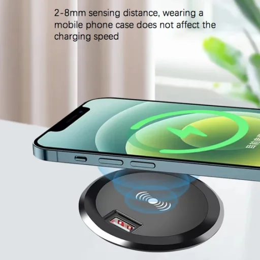 Bútorba építhető 10W vezeték nélküli töltő, USB porttal fekete - 4