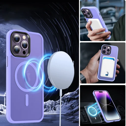 iPhone 15 Plus MagSafe-kompatibilis áttetsző matt tok világoslila Alphajack - 4