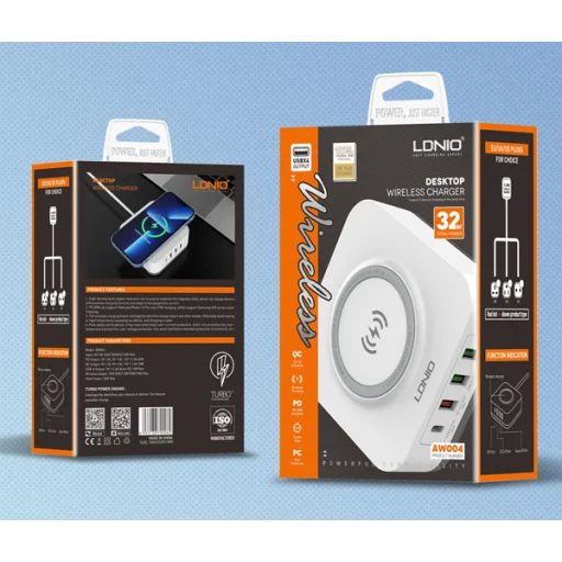 LDNIO vezeték nélküli indukciós töltő, hálózati USB töltő AW004, 3x USB + USB-C, 32W fehér - 6