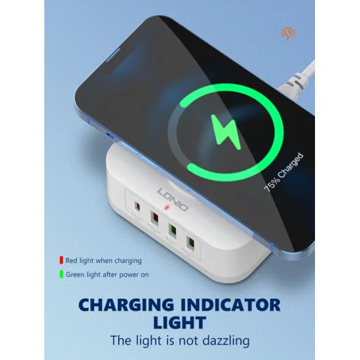 LDNIO vezeték nélküli indukciós töltő, hálózati USB töltő AW004, 3x USB + USB-C, 32W fehér - 7