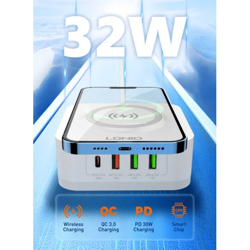LDNIO vezeték nélküli indukciós töltő, hálózati USB töltő AW004, 3x USB + USB-C, 32W fehér - 4