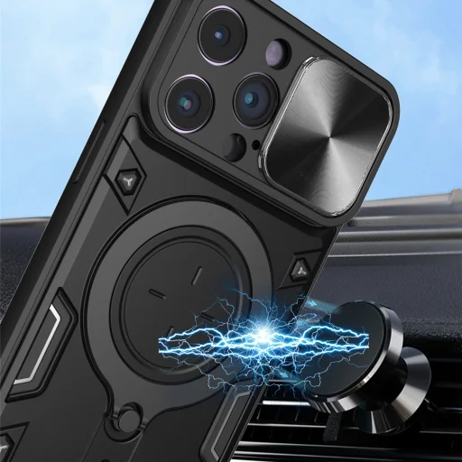 iPhone 15 Plus Ring Armor tok kameralencse védővel, kihajtható támasszal, sötétkék Alphajack - 10