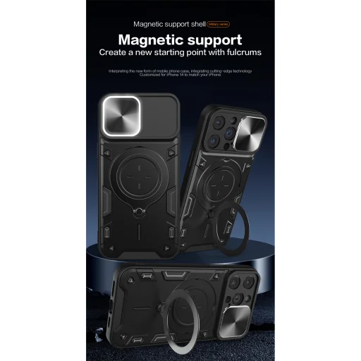 iPhone 15 Plus Ring Armor tok kameralencse védővel, kihajtható támasszal, sötétkék Alphajack - 2