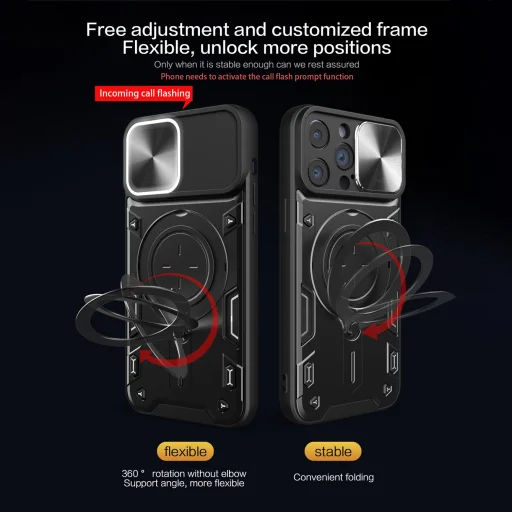 iPhone 15 Plus Ring Armor tok kameralencse védővel, kihajtható támasszal, sötétkék Alphajack - 3