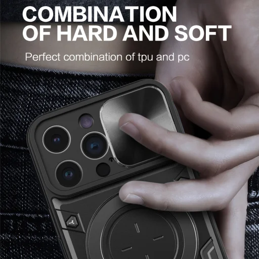 iPhone 15 Plus Ring Armor tok kameralencse védővel, kihajtható támasszal, sötétkék Alphajack - 4