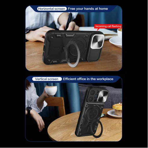 iPhone 15 Plus Ring Armor tok kameralencse védővel, kihajtható támasszal, sötétkék Alphajack - 5