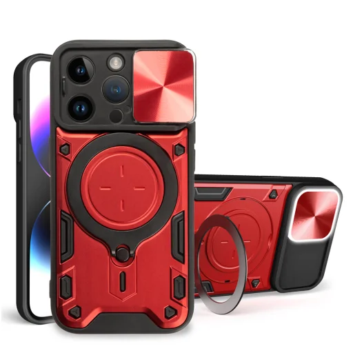 iPhone 15 Pro Ring Armor tok kameralencse védővel, kihajtható támasszal, piros Alphajack - 11