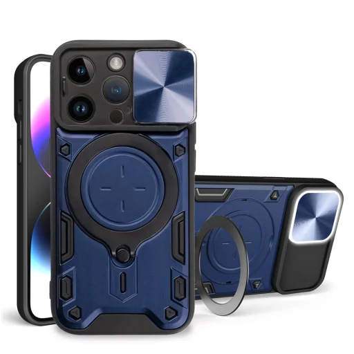 iPhone 15 Pro Ring Armor tok kameralencse védővel, kihajtható támasszal, sötétkék Alphajack - 11