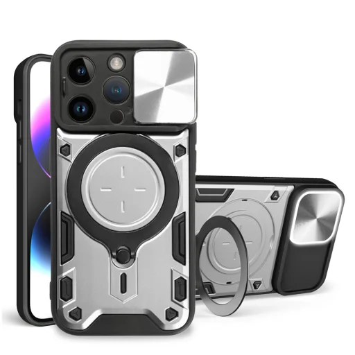 iPhone 15 Pro Ring Armor tok kameralencse védővel, kihajtható támasszal, ezüst Alphajack - 1