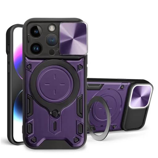 iPhone 15 Pro Ring Armor tok kameralencse védővel, kihajtható támasszal, sötétlila Alphajack - 1