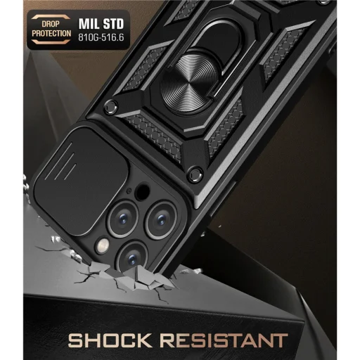 iPhone 15 Plus Ring Lens tok kameralencse védővel, kihajtható mágneses támasszal sötétkék Alphajack telefontok - 4