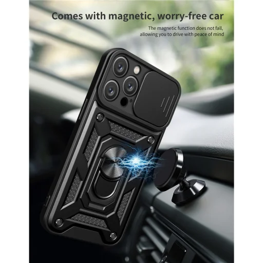 iPhone 15 Plus Ring Lens tok kameralencse védővel, kihajtható mágneses támasszal sötétkék Alphajack telefontok - 3