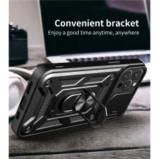 iPhone 15 Plus Ring Lens tok kameralencse védővel, kihajtható mágneses támasszal rózsaszín Alphajack telefontok