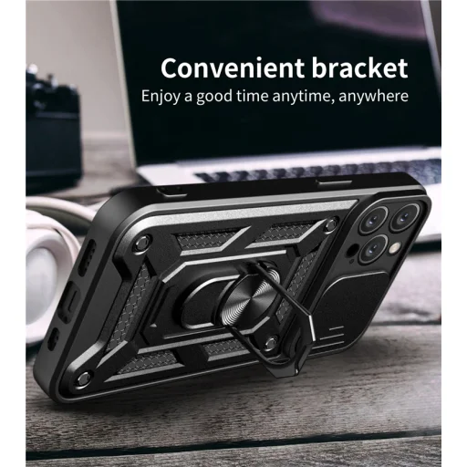 iPhone 15 Plus Ring Lens tok kameralencse védővel, kihajtható mágneses támasszal sötétkék Alphajack telefontok - 1