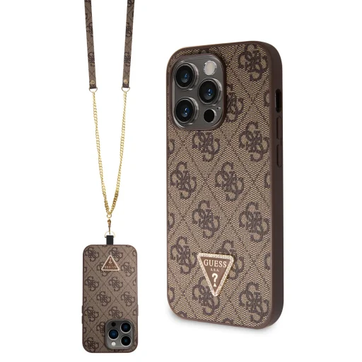 iPhone 15 Pro Guess PU 4G Strass Triangle Metal Logo tok + Crossbody pánt barna (GUHCP15LP4TDSCPW) - 1