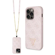 iPhone 15 Pro Guess PU 4G Strass Triangle Metal Logo tok + Crossbody pánt rózsaszín (GUHCP15LP4TDSCPP)