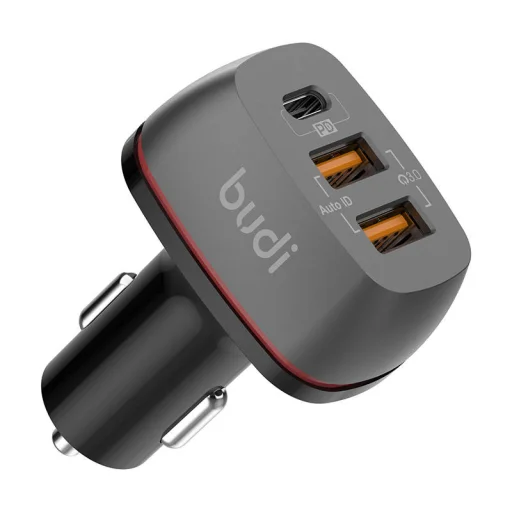 Budi 48W autós szivargyújtós töltő 2x USB + USB-C, PD + QC 3.0 (fekete) - 1