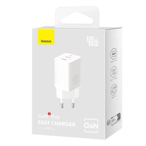  Baseus GaN5 hálózati töltő adapter 2x USB-C 40W (fehér) - 4