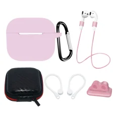 AirPods 3 szilikon tokkészlet + tok/fülkampó/nyakszíj/óraszíj tartó/karabiner kapocs - rózsaszín