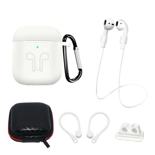 AirPods 1/2 szilikon tokkészlet + tok/fülkampó/nyakszíj/óraszíj tartó/karabiner kapocs - fehér - 1