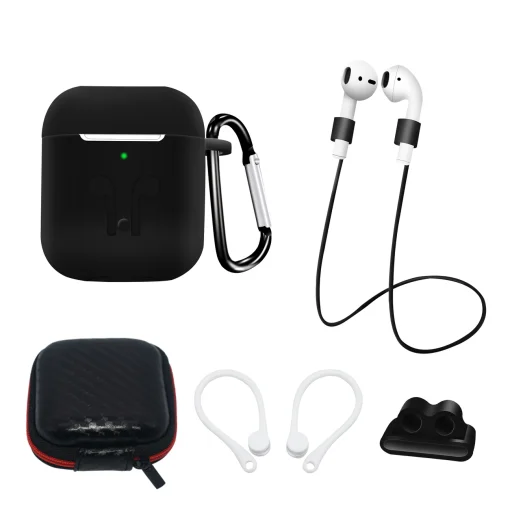 AirPods 1/2 szilikon tokkészlet + tok/fülkampó/nyakszíj/óraszíj tartó/karabiner kapocs - fekete - 1