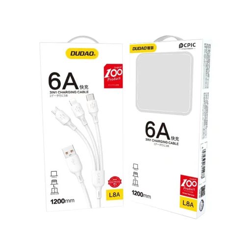 USB - USB C / micro USB / Lightning kábel 480Mb/s 6A 1,2m fehér - 2