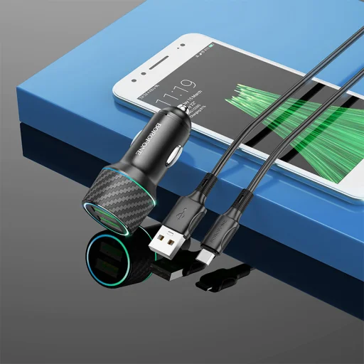 Borofone autós töltő BZ21A Brilliant 2xUSB QC 3.0 36W + USB - micro USB kábel fekete - 7