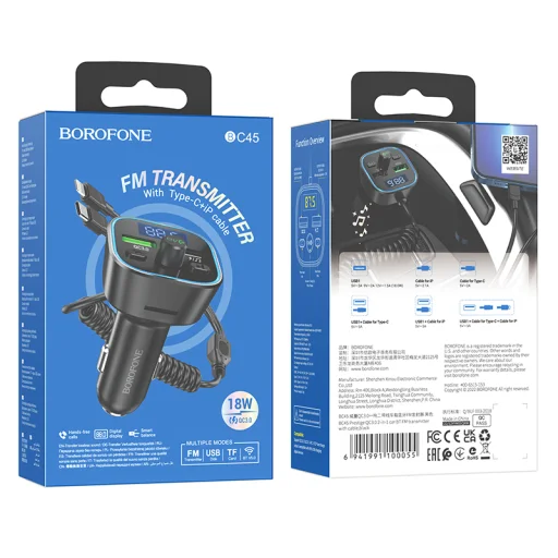 Borofone Bluetooth FM transmitter BC45 Prestige MP3, Bluetooth 2xUSB QC 3.0 18W Type C - Lightning kábellel fekete - 5
