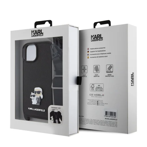  iPhone 15 Fekete Karl Lagerfeld Saffiano Crossbody Metal Karl és Choupette keresztpántos telefontok - 2