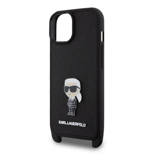  iPhone 15 Fekete Karl Lagerfeld Saffiano Crossbody Metal Ikonik keresztpántos telefontok - 3