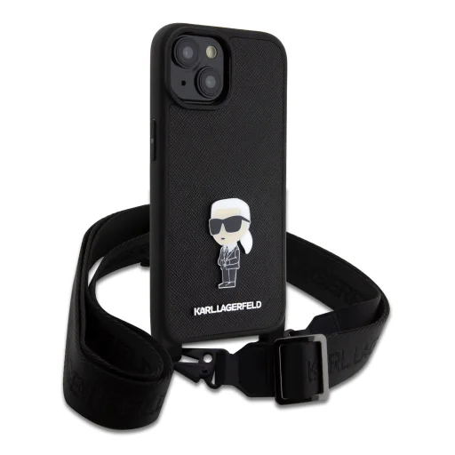  iPhone 15 Fekete Karl Lagerfeld Saffiano Crossbody Metal Ikonik keresztpántos telefontok - 5