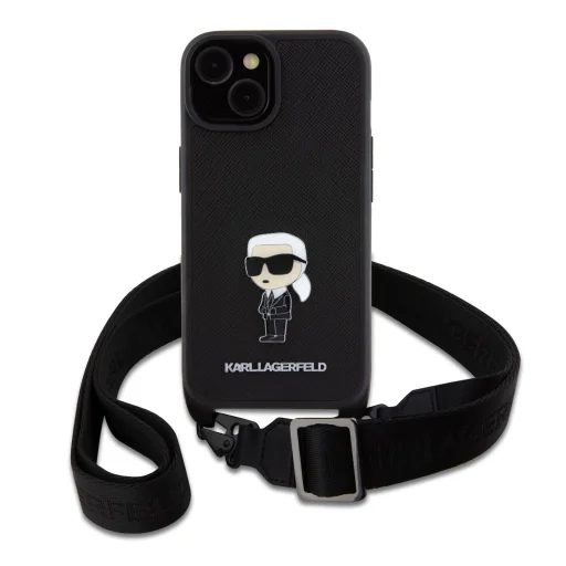  iPhone 15 Fekete Karl Lagerfeld Saffiano Crossbody Metal Ikonik keresztpántos telefontok - 6