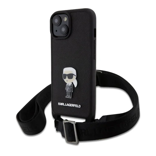  iPhone 15 Fekete Karl Lagerfeld Saffiano Crossbody Metal Ikonik keresztpántos telefontok - 1