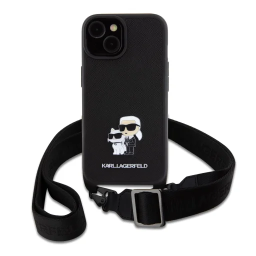  iPhone 15 Fekete Karl Lagerfeld Saffiano Crossbody Metal Karl és Choupette keresztpántos telefontok - 4