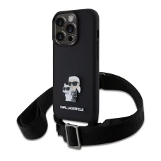  iPhone 15 Pro Karl Lagerfeld Saffiano Crossbody Metal Karl és Choupette keresztpántos tok, fekete telefontok