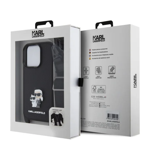  iPhone 15 Pro Karl Lagerfeld Saffiano Crossbody Metal Karl és Choupette keresztpántos tok, fekete telefontok - 5
