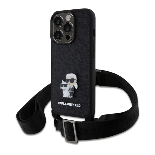  iPhone 15 Pro Karl Lagerfeld Saffiano Crossbody Metal Karl és Choupette keresztpántos tok, fekete telefontok - 1
