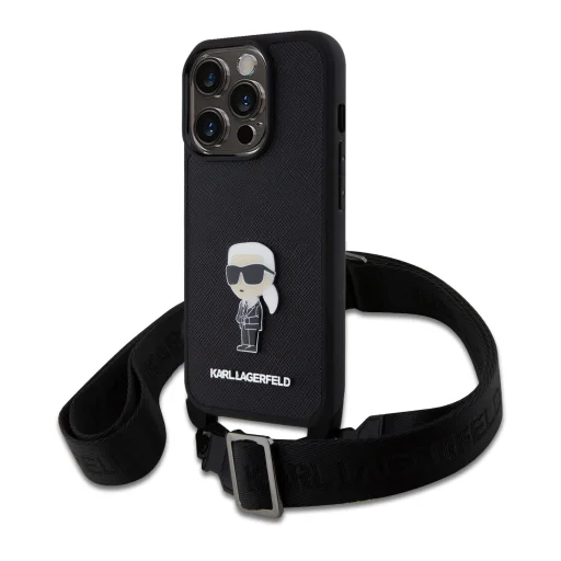iPhone 15 Pro Max Karl Lagerfeld Saffiano Crossbody Metal Ikonik keresztpántos tok, telefontok fekete - 1