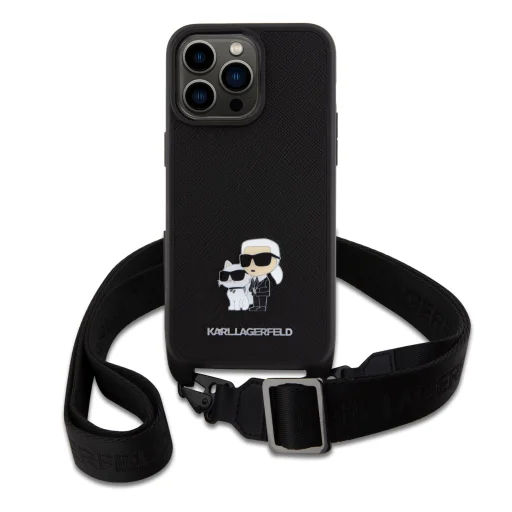iPhone 15 Pro Max Karl Lagerfeld Saffiano Crossbody Metal Karl a Choupette puzdro na telefón čierne - 5