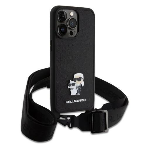 iPhone 15 Pro Max Karl Lagerfeld Saffiano Crossbody Metal Karl a Choupette puzdro na telefón čierne - 6